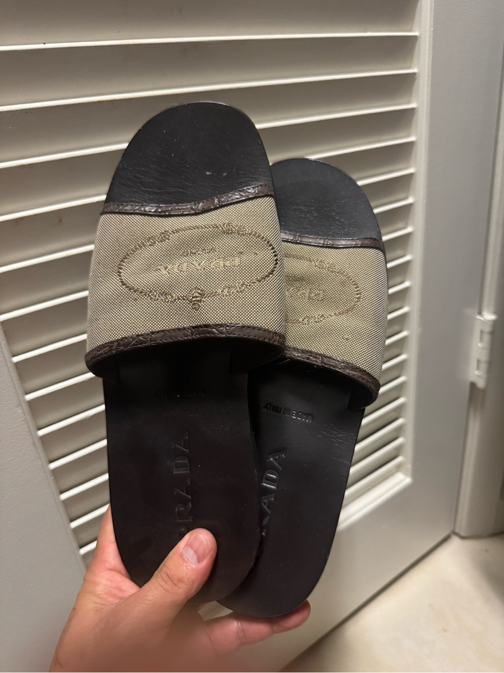 Prada Men’s Black and Beige Canvas Leather Slide Sandals